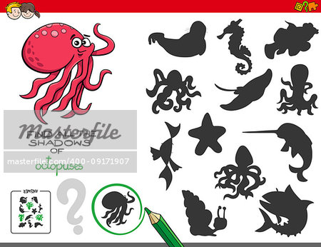 Cartoon Illustration of Finding All The Shadows of Octopuses Educational Game for Children