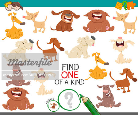 Cartoon Illustration of Find One of a Kind Educational Activity Game for Kids with Dogs or Puppies Characters