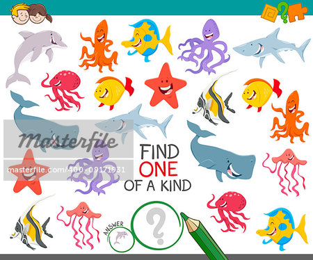 Cartoon Illustration of Find One of a Kind Educational Activity Game for Kids with Sea Life Animal Characters