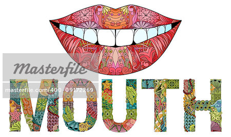 Hand-painted art design. Hand drawn illustration word MOUTH with silhouette of lips for t-shirt and other decoration