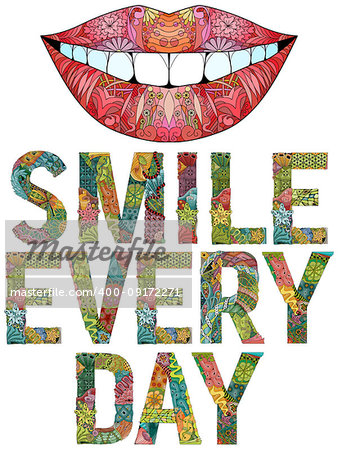 Hand-painted art design. Hand drawn illustration words smile every day with silhouette of lips for t-shirt and other decoration