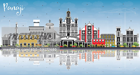 Panaji India City Skyline with Color Buildings, Blue Sky and Reflections. Vector Illustration. Business Travel and Tourism Concept with Historic Architecture. Panaji Cityscape with Landmarks.