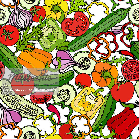 Vegetable Seamless Pattern with Cucumbers, Red Tomatoes, Bell Pepper, Beet, Carrot, Onion, Garlic, Chilli. Fresh Green Salad. Healthy Vegetarian Food. Hand Drawn Illustration. Doodle Style
