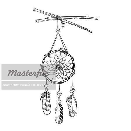 Vector illustration with hand drawn dream catcher isolated on a black background. Luxury golden feathers and beads.