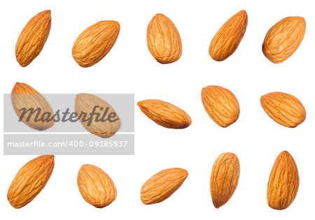 Raw almonds nuts different shape isolated on white background