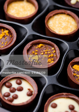 Assortment of luxury white and dark chocolate candies variety in black plastick tray