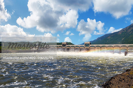 Bonneville Dam on Columbia River Gorge between Oregon and Washington