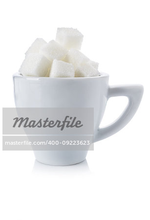 Cubes of white sugar in a white cup on a white background