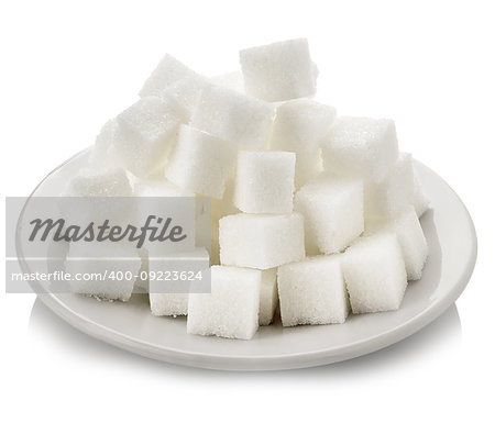Cubes of white sugar in a white saucer on a white background