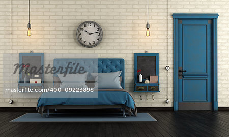Blue retro master bedroom with classic double bad and closed old door - 3d rendering