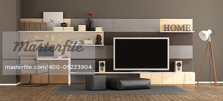 Modern living room with tv set and little workstation with laptop - 3d rendering