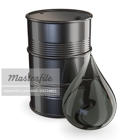 Black barrel and giant oil drop 3D render illustration isolated on white background