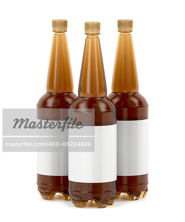 Three big plastic beer bottles with blank labels on white background