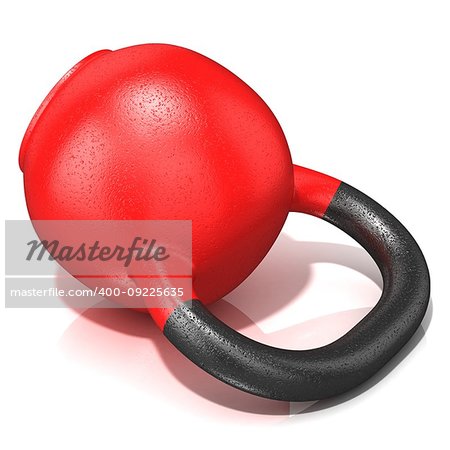 Red kettle bell weight, lying on its side, isolated on a white background. 3D render illustration.