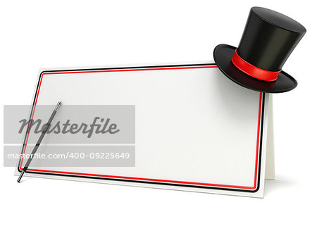 Magic wand and hat on blank board with black and red border. 3D render illustration isolated on white background