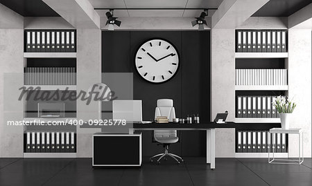Black and white minimalist office with laptop om desk and bookcase - 3d rendering