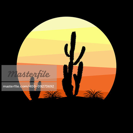 Mexican desert at sunrise illustration with geometric sun and cactus decoration on black background