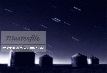 Star Trails and Granaries Near Dorothy, Alberta, Canada