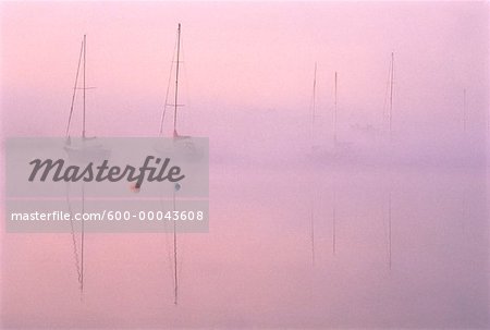 Boats in Mist at Dawn Saint John River, Gagetown New Brunswick, Canada