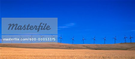 Row of Wind Turbines on Hill, Cowley Ridge, Alberta, Canada