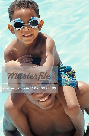 Portrait of Father and Son In Swimming Pool