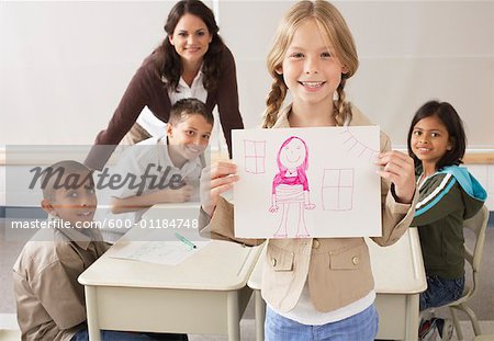 Colorful Drawing: Teacher And Students In The Classroom. Teaching Children  The Alphabet Stock Photo, Picture and Royalty Free Image. Image 128072899.