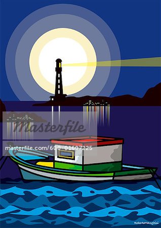 Illustration of Lighthouse and Fishing Boat