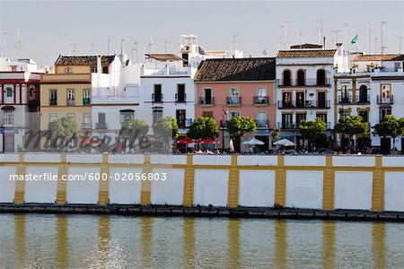 Houses and Cafes in Triana District, Guadalquiver River, Seville, Andalusia, Spain