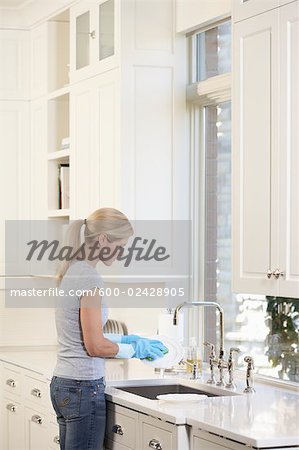 Woman Washing Dishes in Kitchen