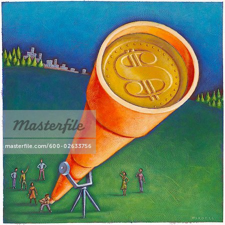 Illustration of People Looking at Money Through Telescope