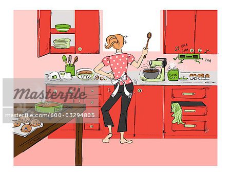 Illustration of Woman in the Kitchen Baking and Dancing