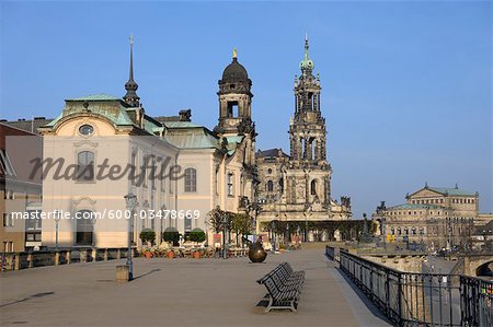 Bruhl's Terrace in Morning, Standehaus, Hofkirche and Semper Opera House, Dresden, Saxony, Germany