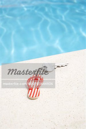 Flip-Flop-shaped Keychain Beside Swimming Pool, Sanary-sur-Mer, Var, Provence, Provence-Alpes-Cote d'Azur, France