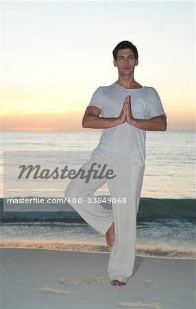 Man in Tree Pose, Reef Playacar Resort and Spa Hotel, Playa del Carmen, Quintana Roo, Yucatan Peninsula, Mexico
