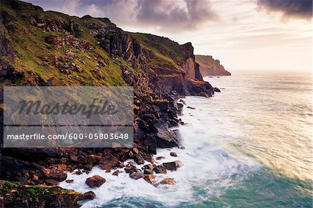 Waves Breaking below Rugged Sea Cliffs, Rumps Point, Cornwall, England
