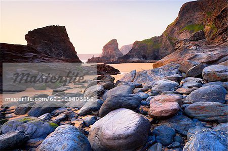 Boulders and Sea Stacks at Low Tide, Bedruthan Steps, Cornwall, England