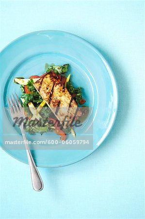 Grilled Marinated Tofu with Kale, Mango and Peppers