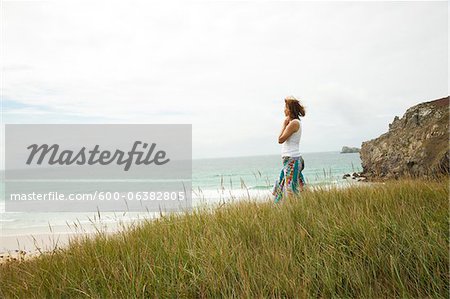 Side View of Woman on Beach, Camaret-sur-Mer, Crozon Peninsula, Finistere, Brittany, France