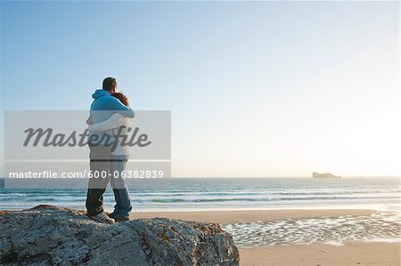 Mature Couple Hugging on the Beach, Camaret-sur-Mer, Crozon Peninsula, Finistere, Brittany, France