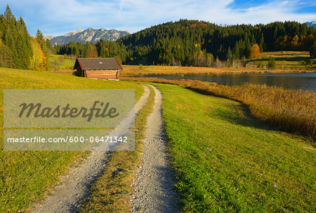 Dirt Road at Lake Geroldsee, Near Garmisch-Partenkirchen, Werdenfelser Land, Upper Bavaria, Bavaria, Germany Dirt Road at Lake Geroldsee, Near Garmisch-Partenkirchen, Werdenfelser Land, Upper Bavaria, Bavaria, Germany