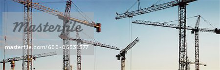 Panoramic of Multiple Heavy Duty Construction Cranes, Toronto, Ontario, Canada