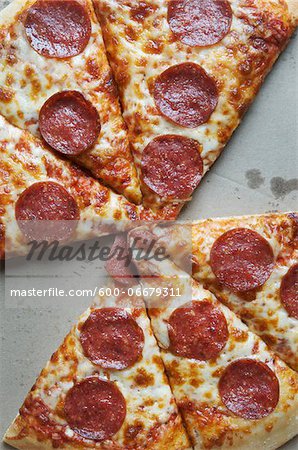 Overhead View of Sliced Pepperoni Pizza in Box Overhead View of Sliced Pepperoni Pizza in Box