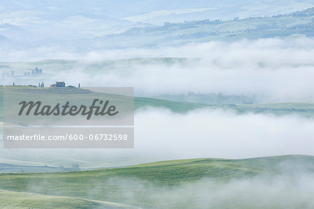 Typical Tuscany landscape with farm in morning with fog near Pienza. Pienza, Siena district, Tuscany, Toscana, Italy. Typical Tuscany landscape with farm in morning with fog near Pienza. Pienza, Siena district, Tuscany, Toscana, Italy.
