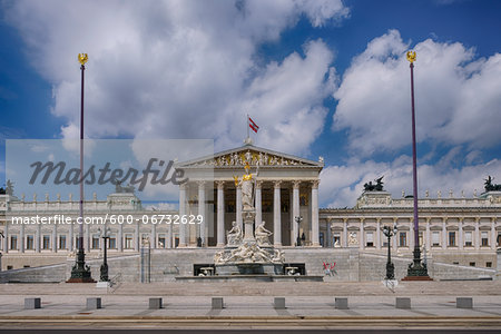 Austrian Parliament and Pallas Athene statue in Vienna. Vienna, Austria.