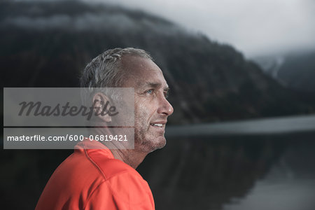 Close-up of Mature Man by Lake, Vilsalpsee, Tannheim Valley, Tyrol, Austria