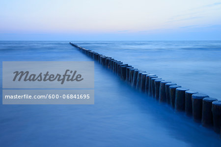 Groyne before sunrise, Zingst, Darss, Fischland-Darss, Baltic sea, Mecklenburg-Western Pomerania, Germany, Europe