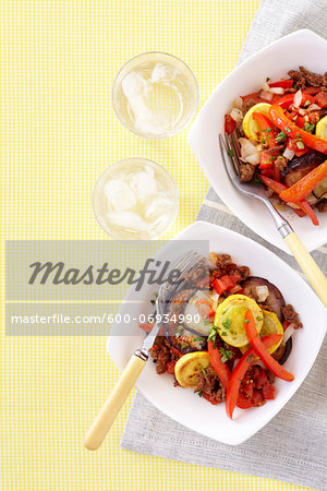 Overhead View of Beef and Eggplant Stir-fry with Peppers and Zucchini, Studio Shot