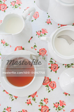 Overhead View of Tea Set with Cup of Tea, Studio Shot