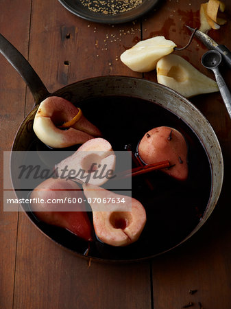 Poaching Bosc Pears in Red Wine, Studio Shot