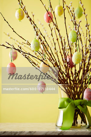 Easter Egg Decorations on Pussy Willows, Studio Shot